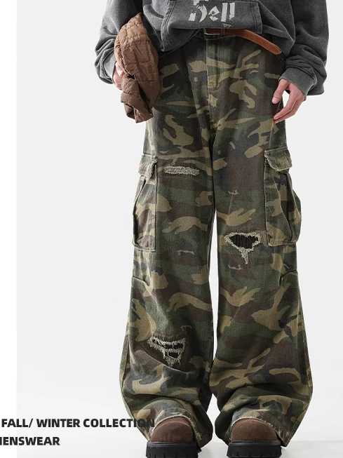American High Street Camouflage Work Pants Loose Straight Leg Bell Bot Men's Women's Vibe Sle Casual Wide Leg Trousers