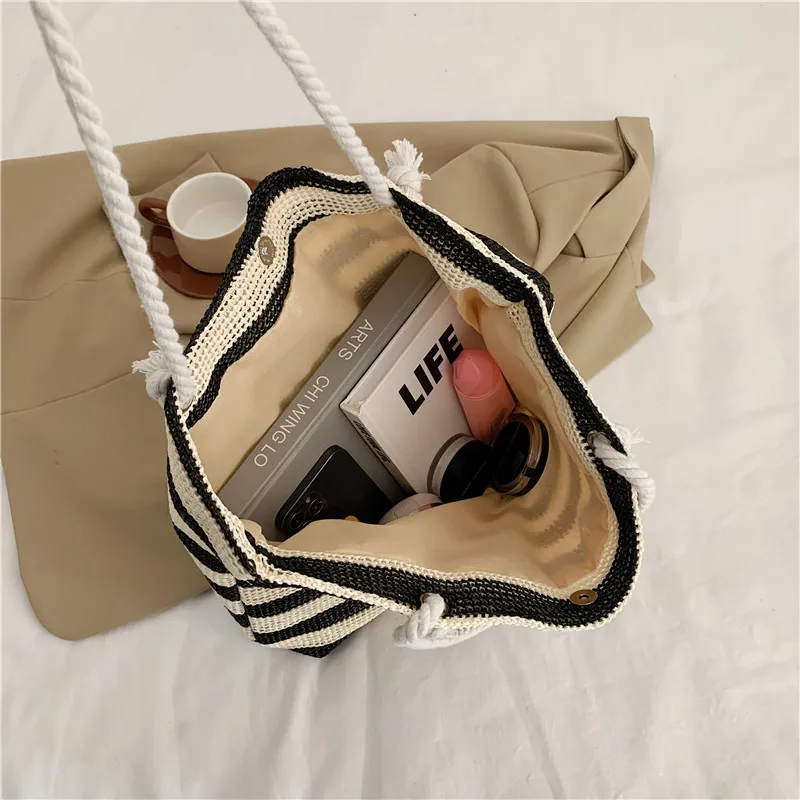 New Trendy Striped Knitted Mini Tote Bag Women Girl Casual Shoulder Bag Student Handbag Retro Canvas Bucket Bag Purse
