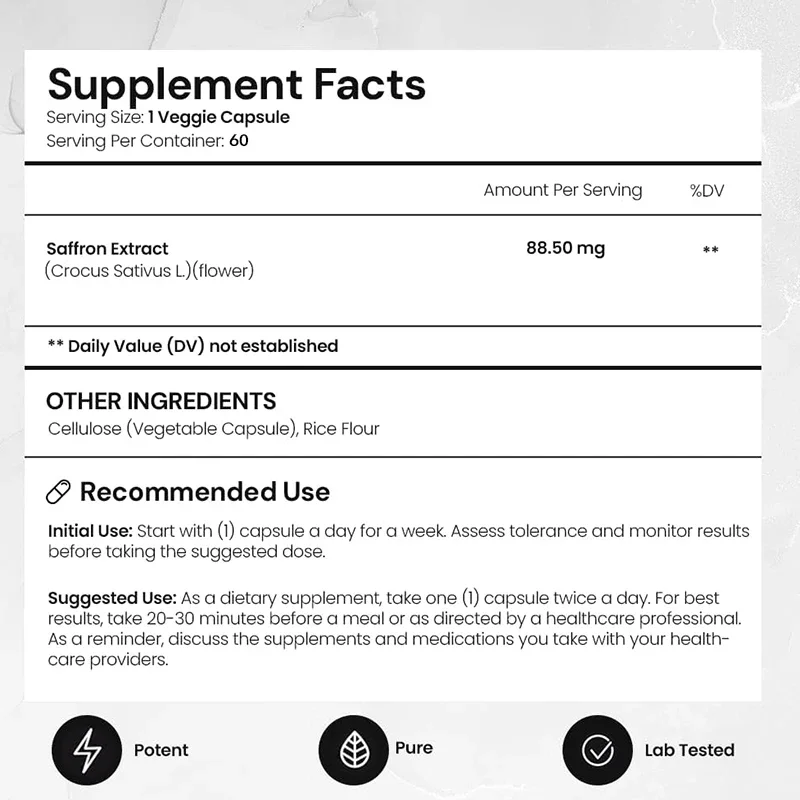 Pure Saffron Extract-Weight Loss Appetite Suppressant-Metabolic Booster -60 Pills