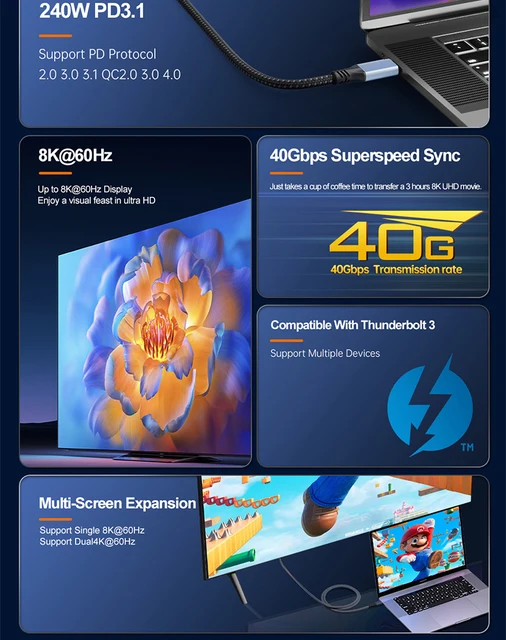 Cavo Thunderbolt 5 USB-C - 80Gbps, 240W PD, Supporto Dual 8K, Compatibile Con TB4/3/USB4 - Foto 2