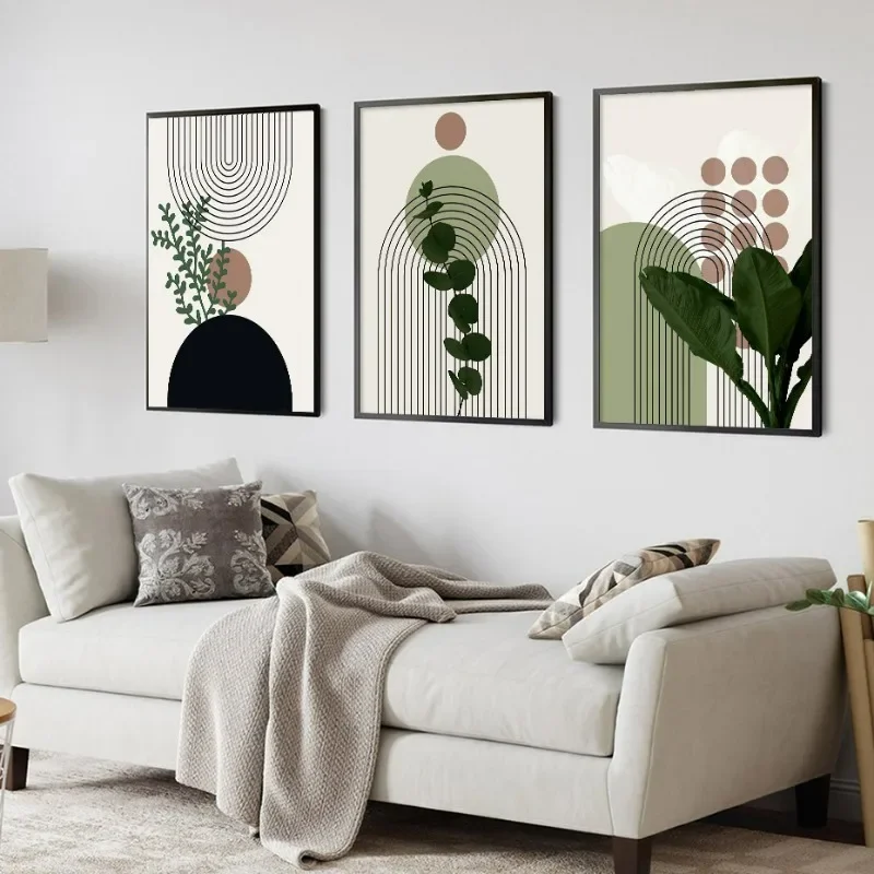 3 Pieces Bohemian Light Frameless Canvas Painting Simple Green Leaves Plant Poster Simple Lines Bedroom Decorative Wall Art 1