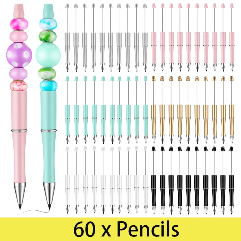 60Pcs DIY Beadable Inkless Pencil Reusable Everlasting Pencil with Eraser Infinity Pencil for Writing Drawing Drafting