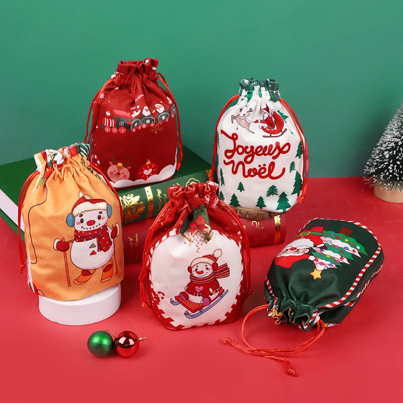 1/5Pcs Christmas Drawstring Gift Bags Santa Snowman Candy Snack Packaging Pouch Bag Christmas Party Decoration New Year Supplies