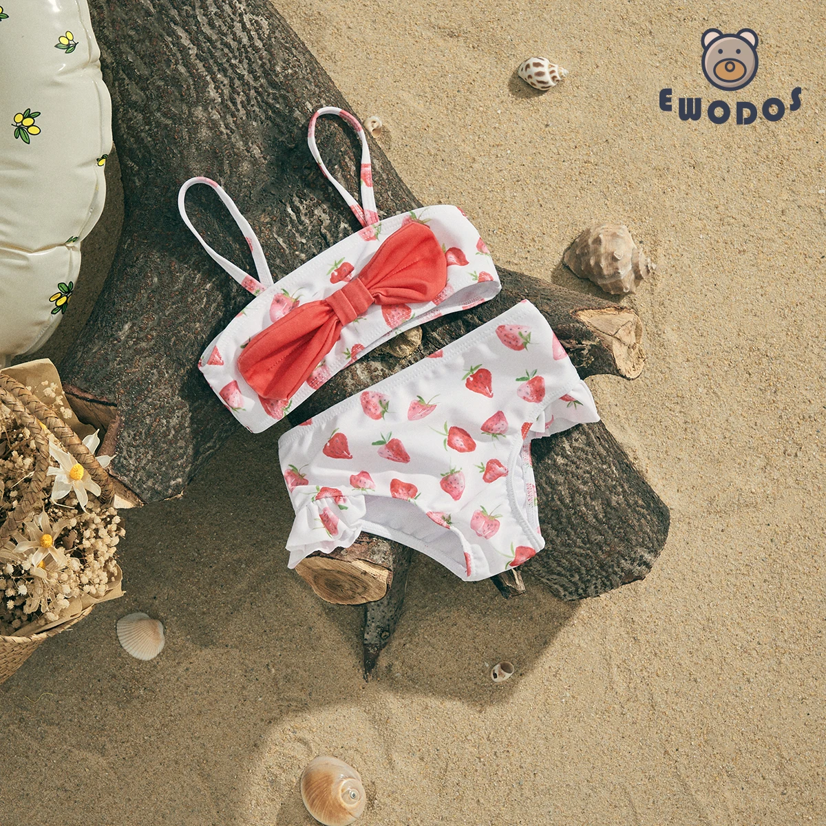 

EWODOS 2-7 Years Kids Girls Sweet Bikini Set Strawberry Printing Swimsuit Sleeveless Vest with Ruffles Briefs Child Bathing Suit