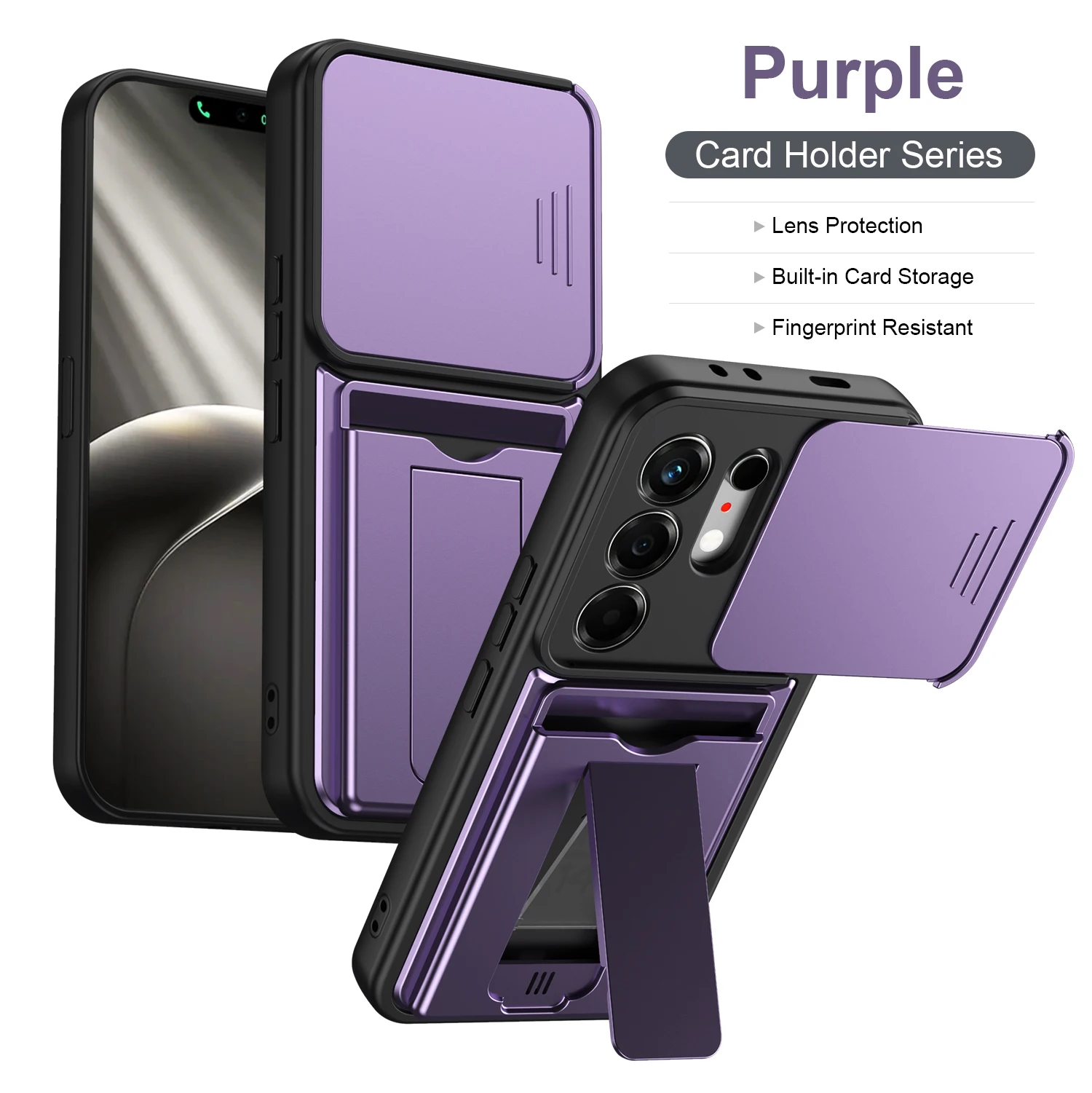 Enhanced Shockproof Armor Phone Case with Slide Lens Cover, Card Holder, and Kickstand