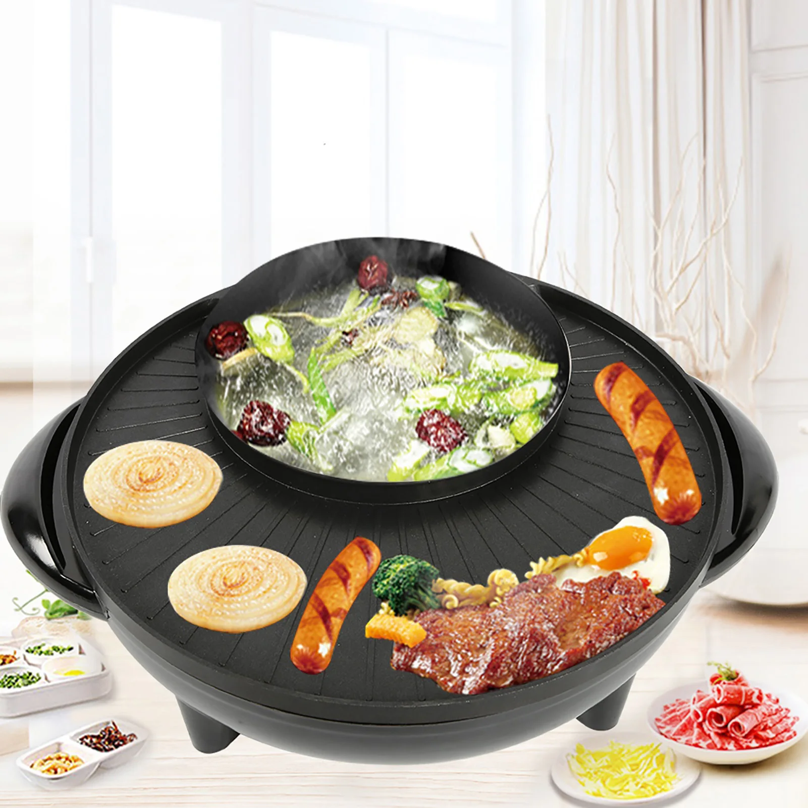 2 In 1 Electric Pan Hot Pot BBQ Frying Cook Grill Cooking Pots 6