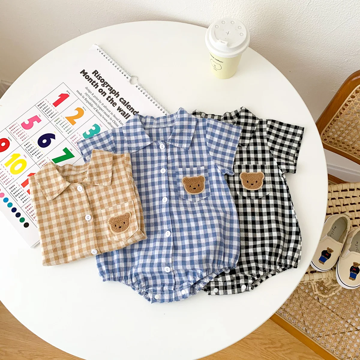 Cute jumpsuits kids Baby Clothing BodySuits Summer Short Sleeve Plaid Embroidery Bear Outfits Infant Kids Handsome Boy Suit