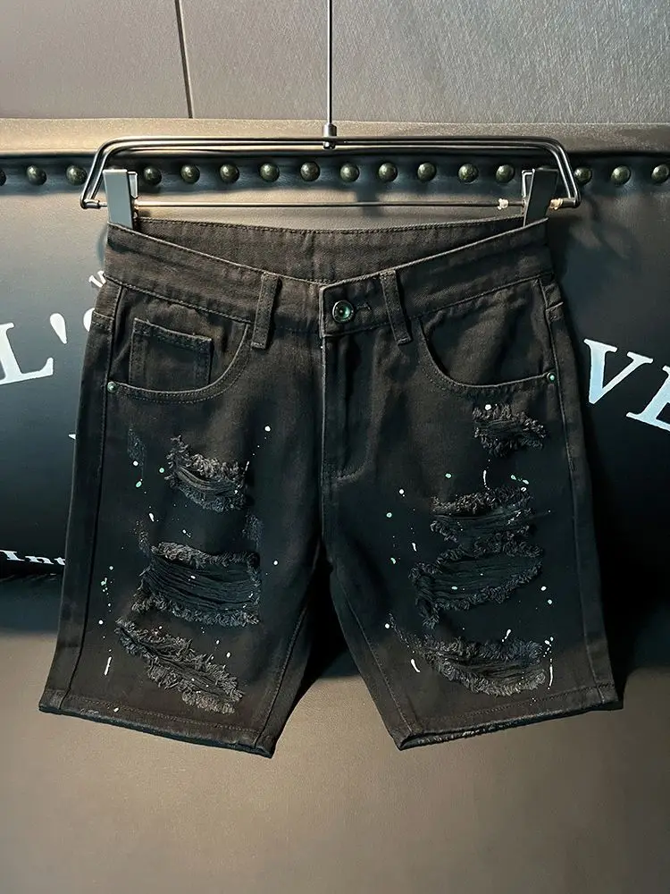 Ripped Denim Shorts Men's Black Summer Slim and Straight-fitting Korean Style Trendy Versatile Five-point Pants