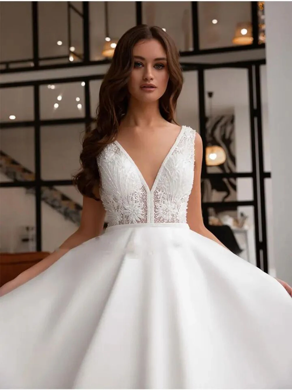 SoDigne Modern Wedding Dress V-Neck Sleeveless Lace A Line Bridal Gowns Beach Satin Wedding Gowns  Custom Made Robe De Mariee 3