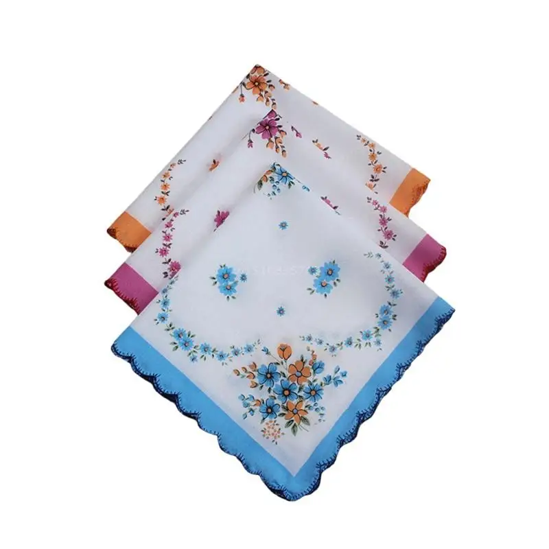 3pcs/set Women Wavy Edge Cotton Handkerchiefs Flower Embroidered with Lace mini handkerchief
