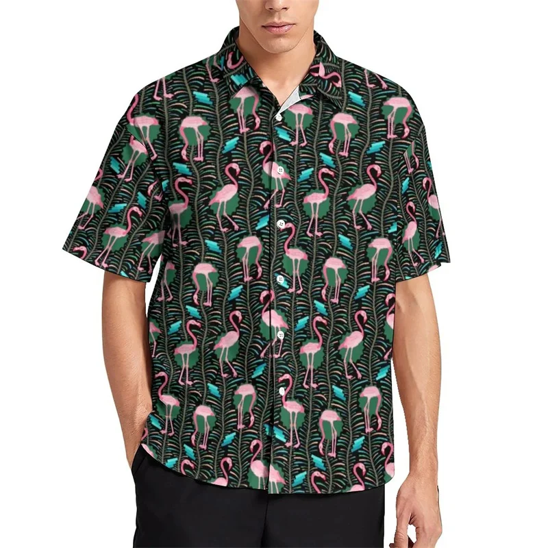 thumbnail image 1 of Camisas hawaianas con estampado 3D de pájaros, flamencos y loros para hombre, camisa de playa para vacaciones, blusa de solapa de manga corta a la moda, ropa de calle, 1 of 5