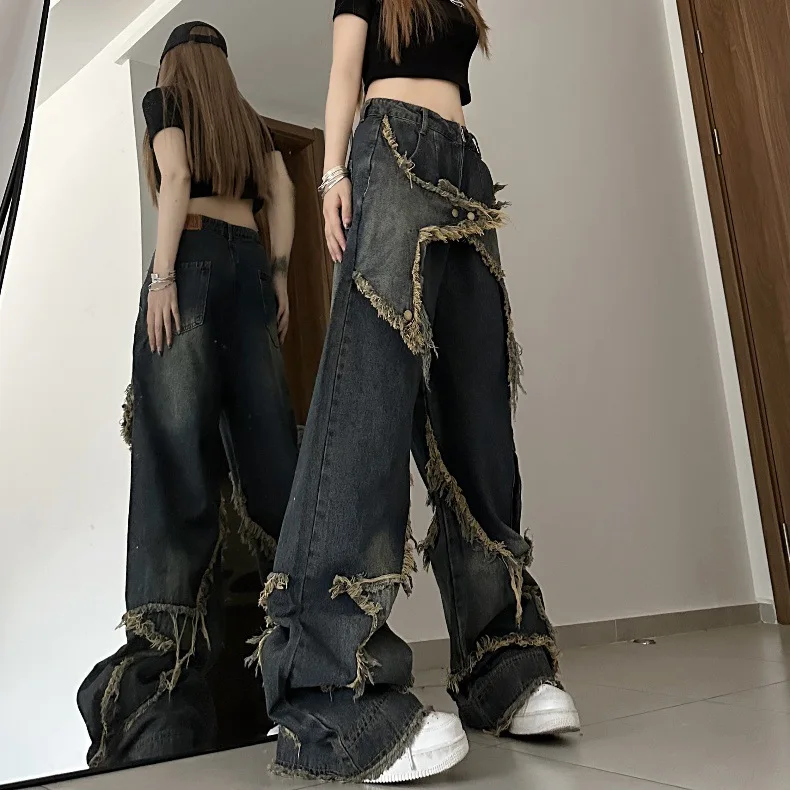 Distressed Wide Jeans Ripped Baggy Denim distressed wide jeans ripped baggy denim unisex streetwear pants