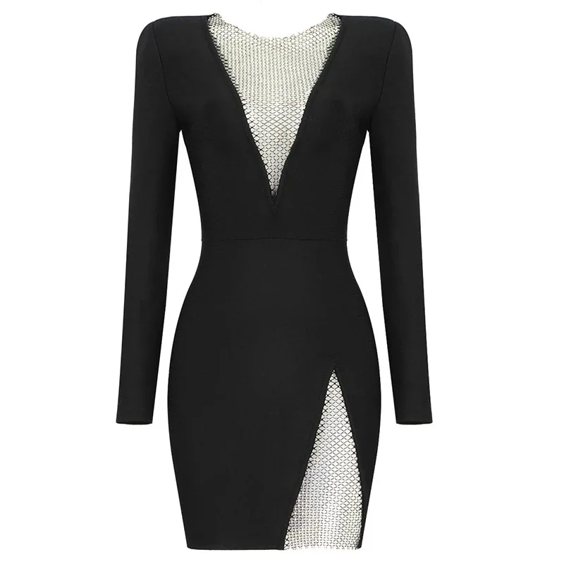 

23 European and American Hot Sexy Long Sleeve V-neck Net Drill Slimming Charm Bandage Dress Party Dress Evening Dress Short Skir