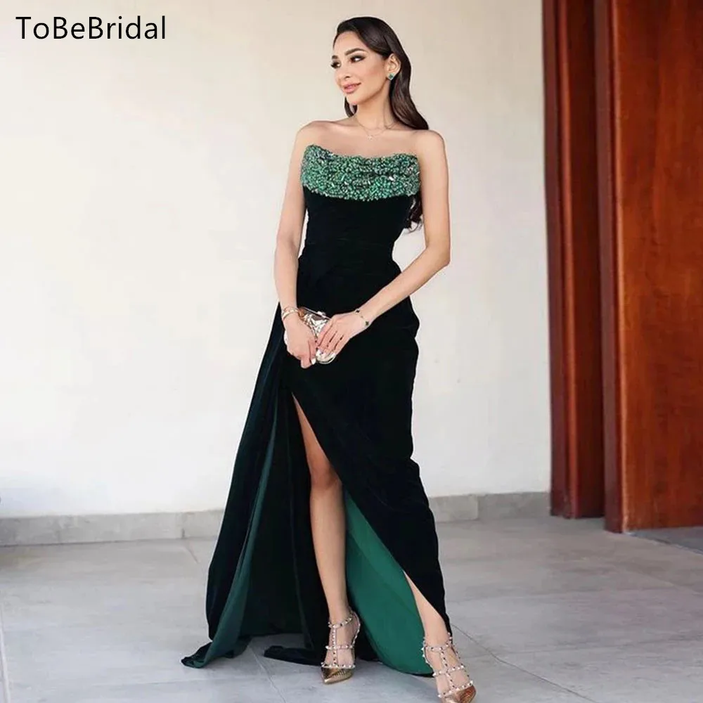 

Elegant Black Prom Dress With Strapless High Waisted Side Slit Celebrity Party Dress Formal Occasion Mermaid Evening Dressses