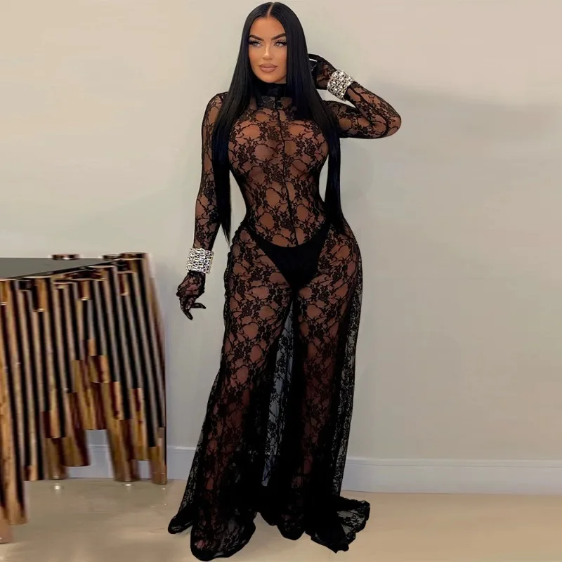 

WUHE Fashion Mesh See Though Embrodiery Sexy Party Club Dress Style Jumpsuit Women Clubwear One Piece Suit Playsuits Rompers