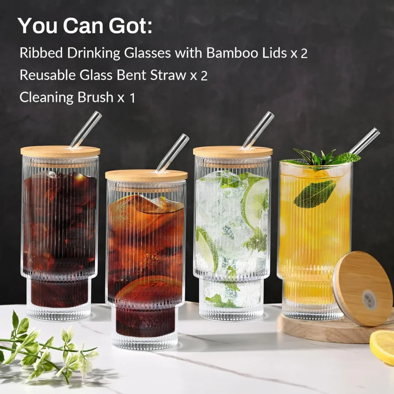 11OZ Ribbed glasses with lids and straws, vintage glassware for whiskey and cocktails(2 PACK)