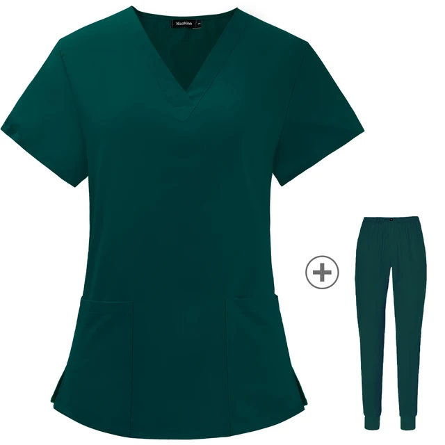 Operating Room Medical Uniforms Women Scrubs Clothes Sleeve V-Neck Workers T-Shirt Tops Summer Uniformes  Medical Accessories Green