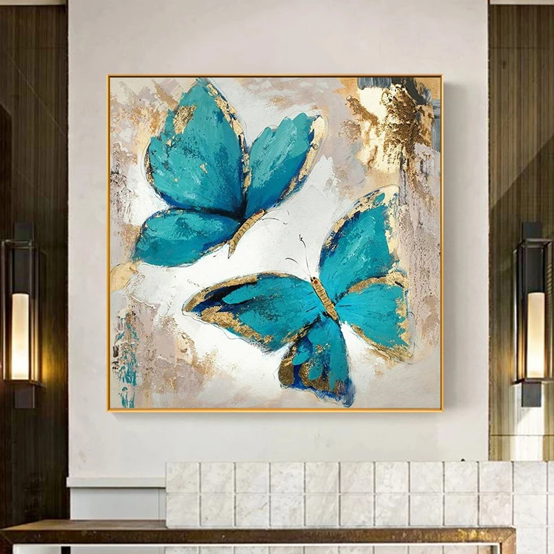 Золотистые, сине-золотые красивые бабочки, холст, абстрактная живопись, плакаты, принты, настенные картины для декора гостиной