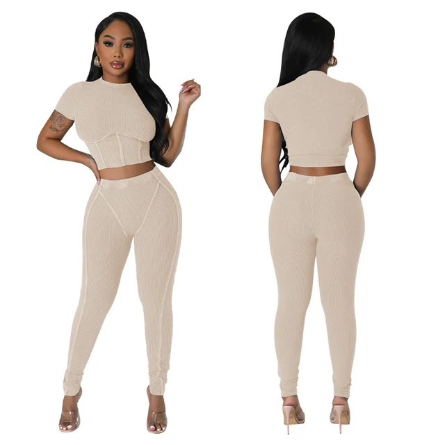 10 Ribbed Knitted Pant Sets 2023 Short Sleeve Crop Top and Legging  Wholesale Items Bodycon Two Piece Set Womens Outfits S11507 - AliExpress