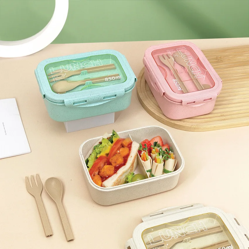 Hot Lunch Box with Spoon Chopsticks Wheat Straw Dinnerware Food Storage  Container Children Kid School Office