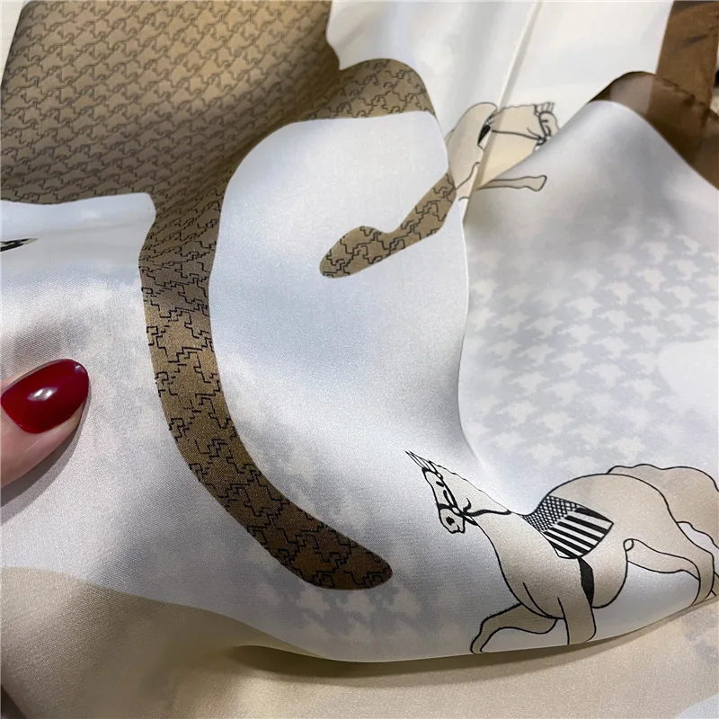 Luxus Marke Drucken Quadrat Schal Frauen Weiche Satin Pferd Haarband Halstuch Büro Hijab Stirnband Foulard Tasche Bänder Geschenk – Detail 12
