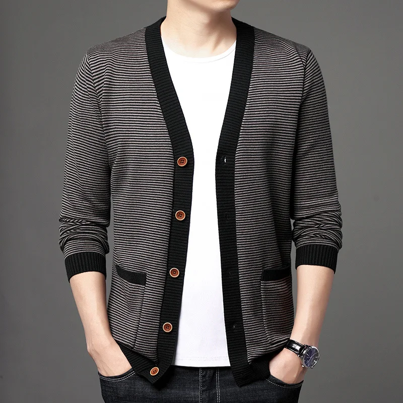 

Spring Autumn Cardigan Men Sweater Fashion Sim Fit Patchwork V Neck Mens Knitted Cardigan Single Breasted Casual Sweatercoat Man