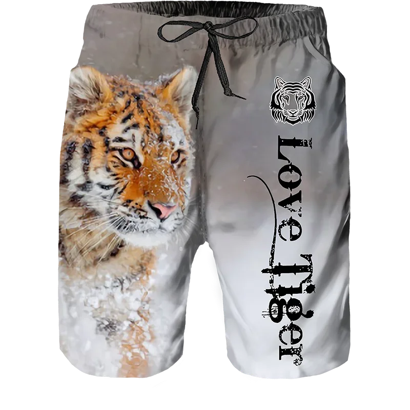 2024 Summer New Men Beach Shorts Casual Cool Animal 3d Print Tiger Short Pants Running Trunks Breathable Men Pockets Swimwear 4