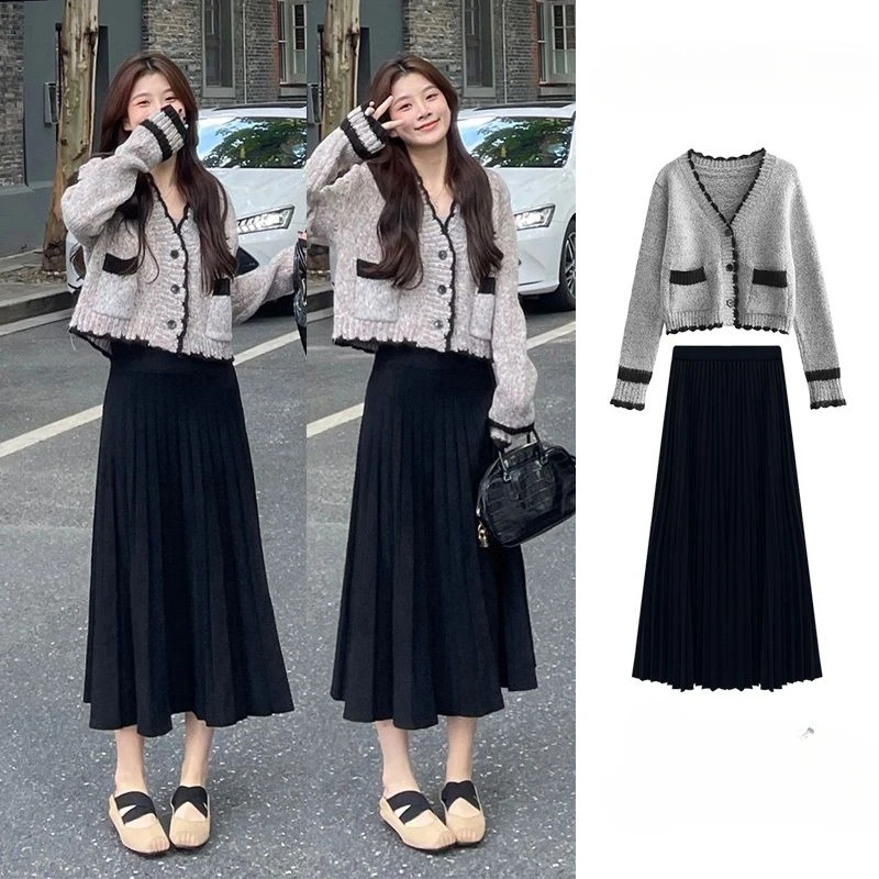 

Women 2023 Autumn Winter New Two Pieces Sets Female Long Sleeve Knit Cardigan and High Waist Pleated Skirts Ladies Suits R451