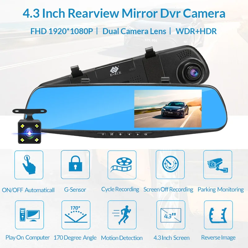 DashCam per auto da 4,3 pollici Immagine di retromarcia HD Supporta il monitoraggio del parcheggio 24 ore su 24 DVR per auto Telecamera per retromarcia 1080P opzionale - immagine 2