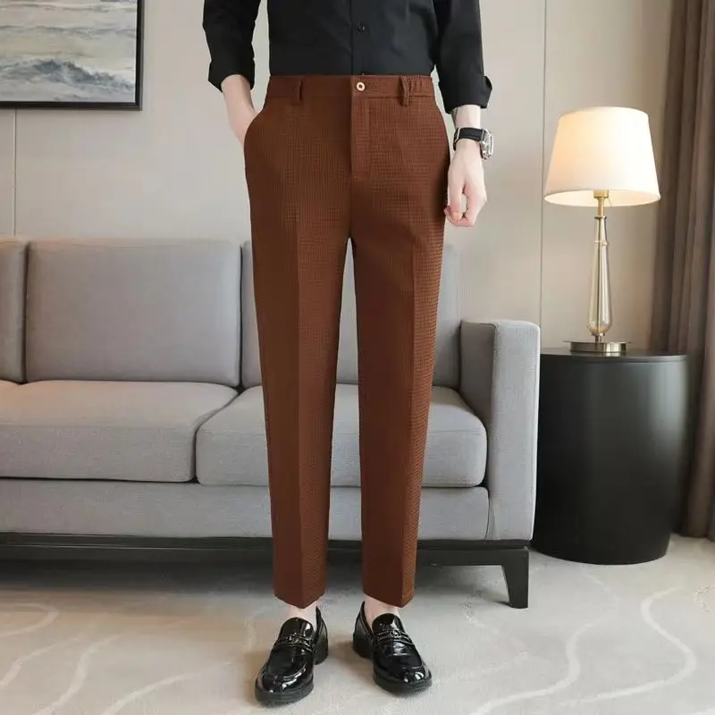 스마트 캐주얼 남성 단색 세트 바지, 용수철 여름 얇은 스트리트웨어 패션, 와플 비즈니스, 커피 카키 스트레이트 바지, 신제품