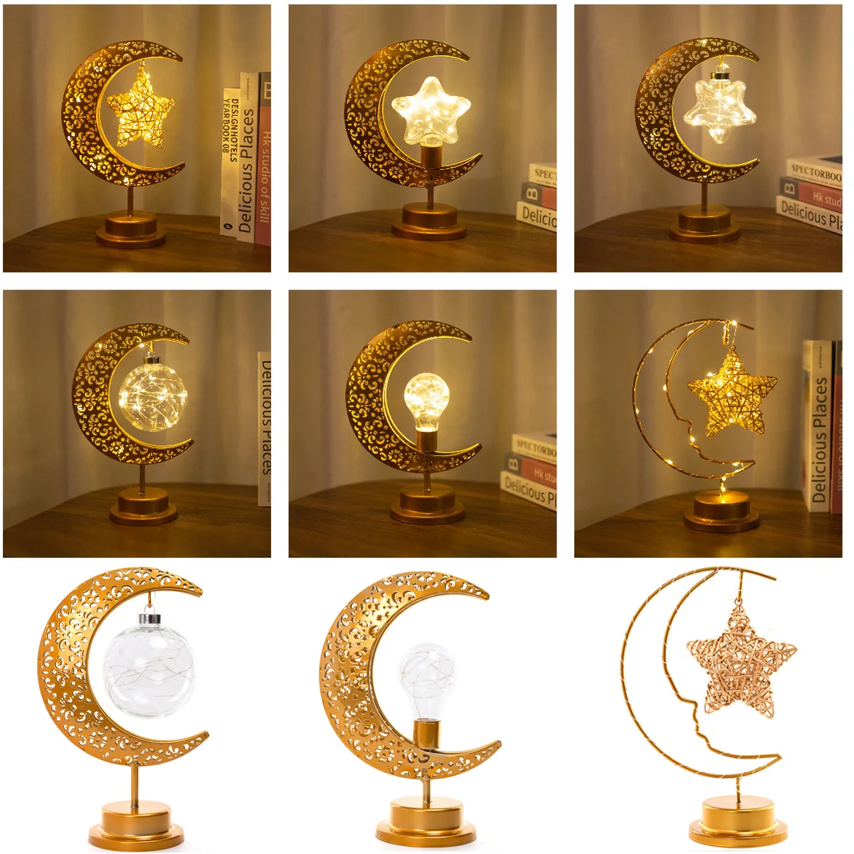 

Battery Powered Moon Star LED Night Light Atmosphere Metal Table Lamp Warm White For Ramadan Mubarak Eid Bedroom Party Decor