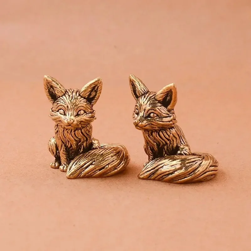Brass Fox Statue Cute Fox Miniature Figurines Desk Decorations Accessories Copper Animal Sculpture Home Decor Crafts