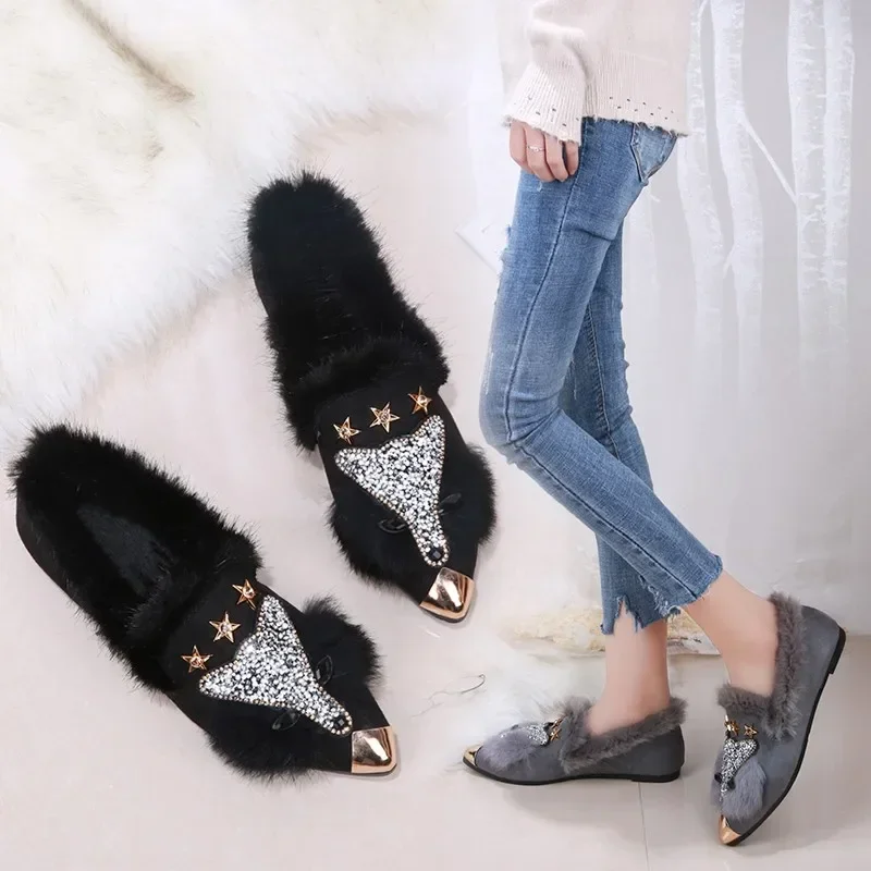 Crystal Fox Pattern Winter Flat Loafers Women Metal Pointed Toe Glitter Fur Moccasins Brand Design Ballet Flats Ladies Shoes women shoes