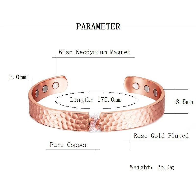 Bangle Bracelet Vintage 99.9% Pure Copper for Women Men Rose Color Cuff Charms Health Energy Gauss Magnets