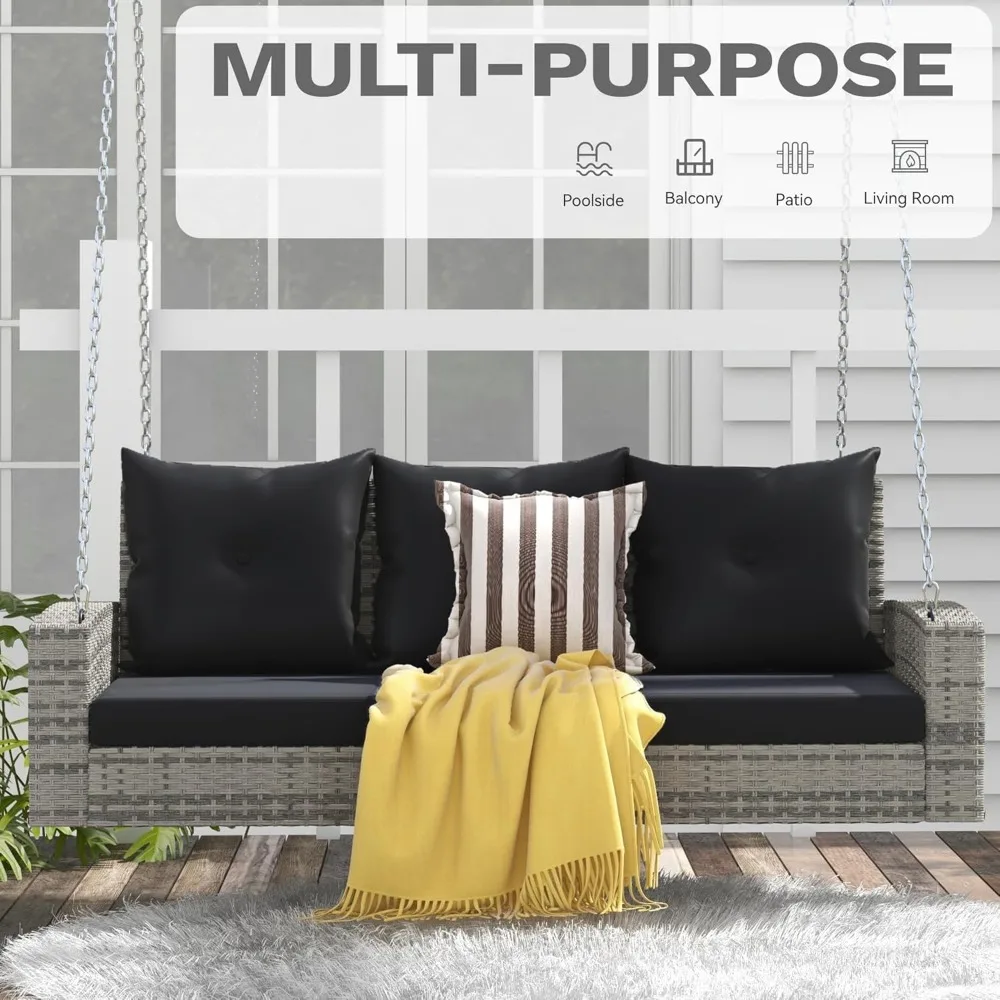 3-Seater Wicker Hanging Porch Swing Chair Outdoor Gray Rattan Patio Swing Lounge 3 Back Cushions Capacity for Garden, Balcony 3