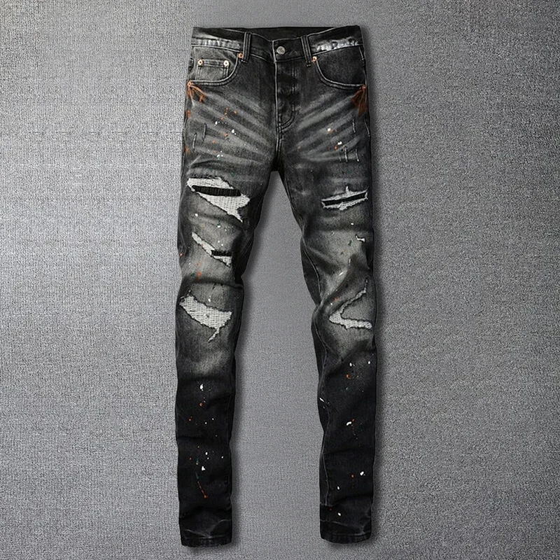 

Джинсы мужские рваные в стиле хип-хоп, повседневные зауженные брюки из денима с вырезами в американском стиле, уличная одежда