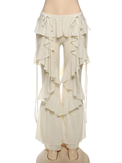 Weird Puss Irregular Tierred Flare Pants Women Y2K Patchwork See Through Summer Hipster Wild Basic Street Trend Classic Trousers