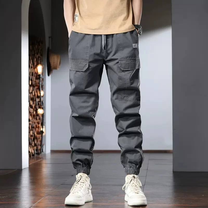 Summer Khaki Cotton Men's Cargo Pants Streetwear Tactical Casual Loose Elastic Waist Trousers