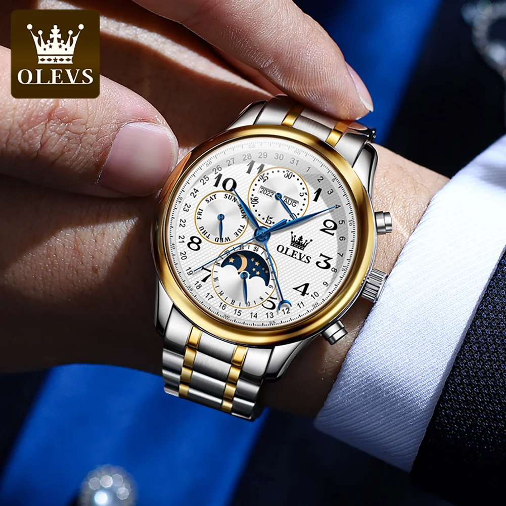 OLEVS New Fashion Moon Phase Mechanical Watch Men Sport Military Stainless Steel Automatic Mens Watches Top Brand Luxury Clock