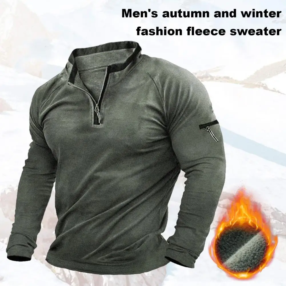Description Picture 4 of itemFall Winter Men Sweatshirt Stand Collar Zipper Decor Solid Color Long Sleeve Thick Casual Pullover Patchwork Men Mid Length Top