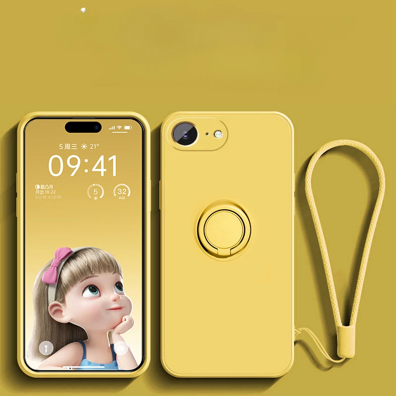 Liquid Silicone Ring Stand Phone Case with Lanyard and Magnetic Soft TPU Cover