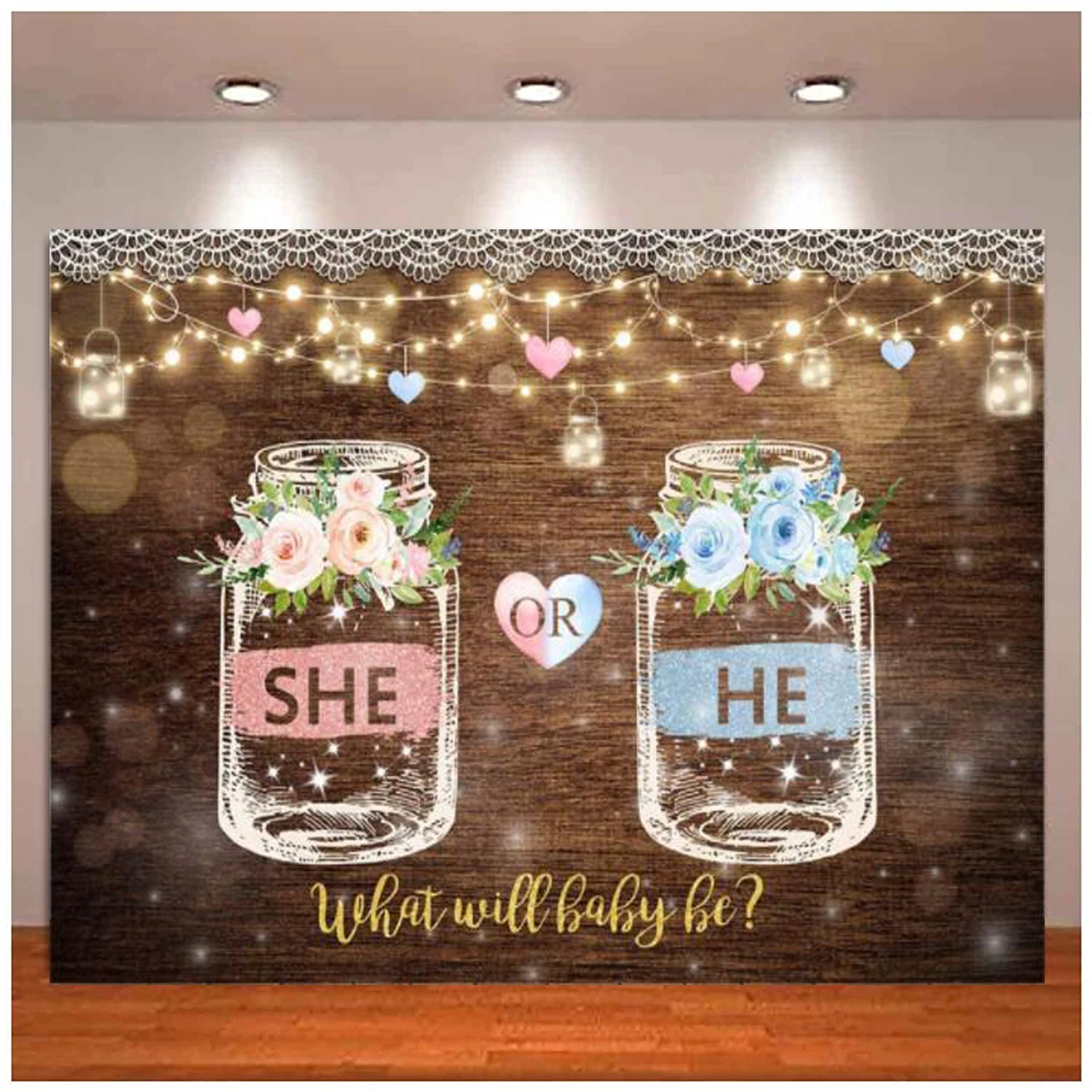 She Or He Gender Reveal Photography Background Brown Wood Wishing Bottle Pink And Blue Flower Background Lace String Lights Decor