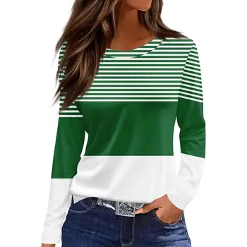 Women's 3D Gradient Stripes Solid Color Printed T-Shirt Fashion Long Sleeves Crew Neck Regular Top Holiday Weekend Spring Autumn 1