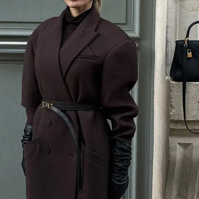 Elegant Lapel Pocket Woolen Long Trench Coat Women Fashion Full Sleeve Loose Overcoat Autumn Winter Lady Commute Outwear