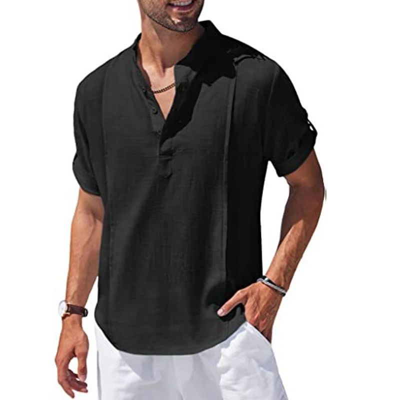 

2023 Casual Loose Stand Collar Men's t-shirt Summer Breathable Cotton Linen Solid Shirt Long Sleeve Tee Pullovers Men Clothing