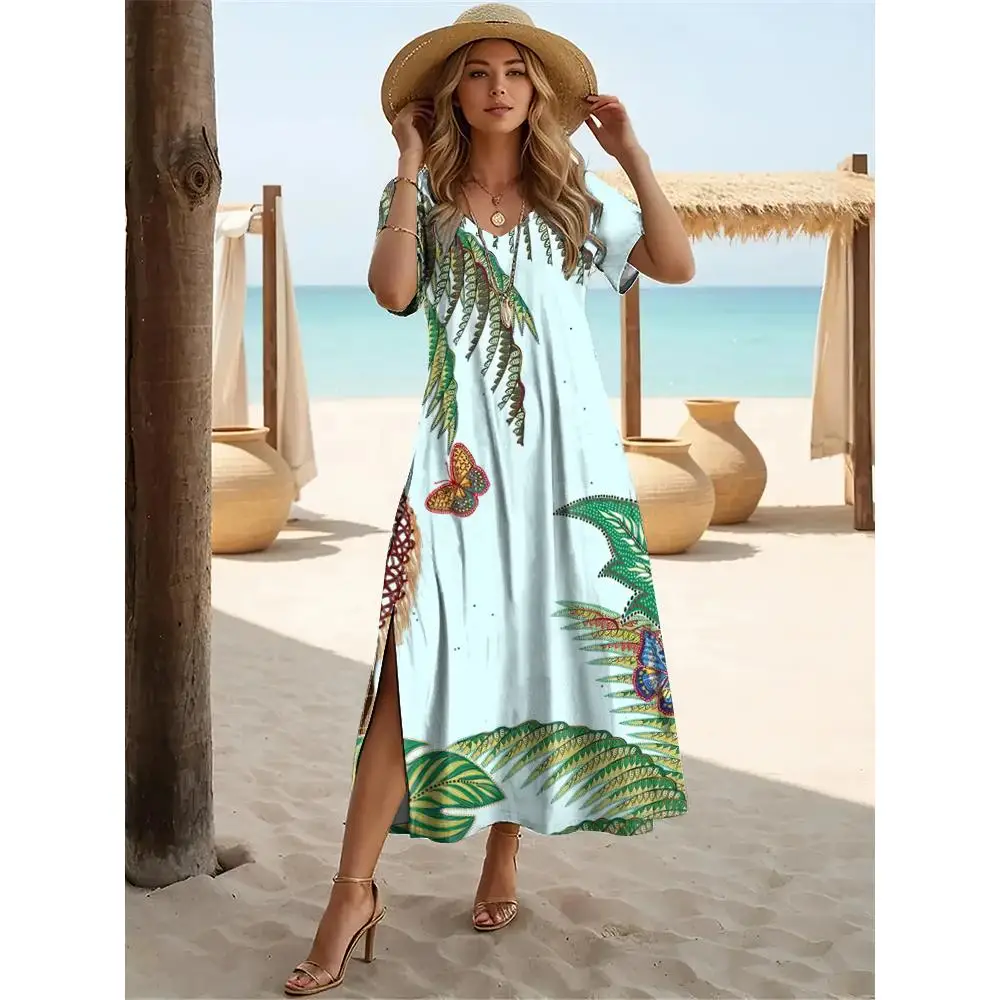 

2024 Hawaiian Women's Dresses Coconut Tree Print Midi Dresses Vacation Female Short Sleeve Dress Fashion Summer V-Neck Design