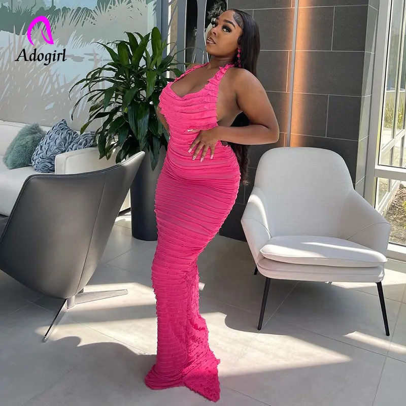 

Ruffles Women Lace Up Halter Backless Maxi Evening Party Dress Summer Sexy Sleeveless Bodycon Long Clubwear Beach Robe Vestidos