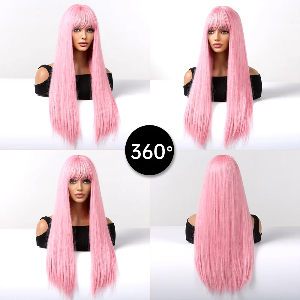 Pelucas sintéticas largas y rectas de color rosa claro con flequillo para cosplay, Halloween, Lolita, peluca colorida para mujeres, afro, natural, resistente al calor_voghion.com