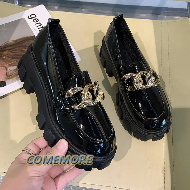 Women Mary Janes Platform Shoes Round Foot Spring Metal Chain Designer Casual Leather PU Oxfords Slip on Loafers