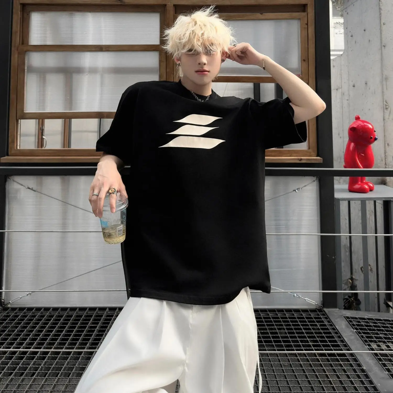 

Korean new style national fashion design small neckline short-sleeved T-shirt men trendy ins loose and versatile couple tops y2k